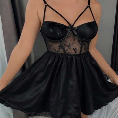 Arias Closet Siyah Dantel İşlemeli İnce Askılı Göğüs Dekolteli Saten Mini Fantezi Gecelik