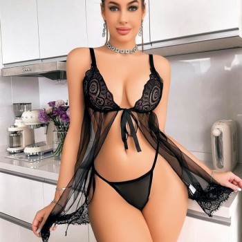 Arias Closet Siyah Dantel İşlemeli Önden Bağlamalı Fantezi Şık Tül Gecelik