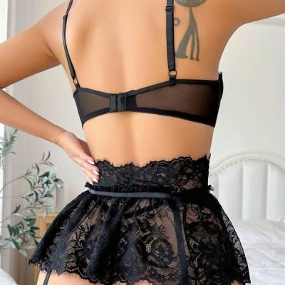 Arias Closet Siyah Dantelli Göğüs İp Detaylı Fantezi Jartiyer Takımı