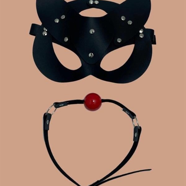 Arias Closet Siyah Deri Maske Ve Ağız Topu Herness Aksesuar