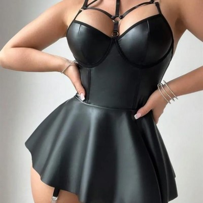 Arias Closet Siyah Fantezi Parlak Deri Şık Club Elbise