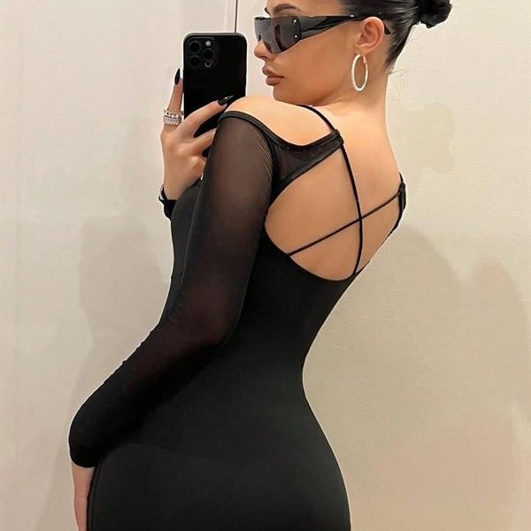 Arias Closet Siyah Göğüs Dekolteli İp Detaylı Mini Club Elbisesi