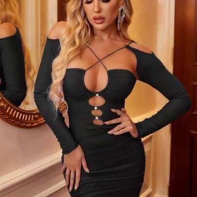 Arias Closet Siyah Göğüs Dekolteli İp Detaylı Mini Club Elbisesi