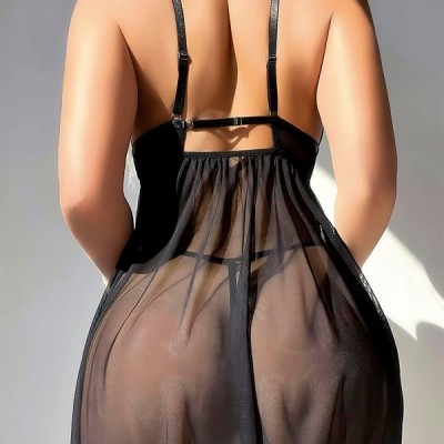 Arias Closet Siyah Göğüs Detaylı Yırtmaçlı Fantezi Tül Gecelik