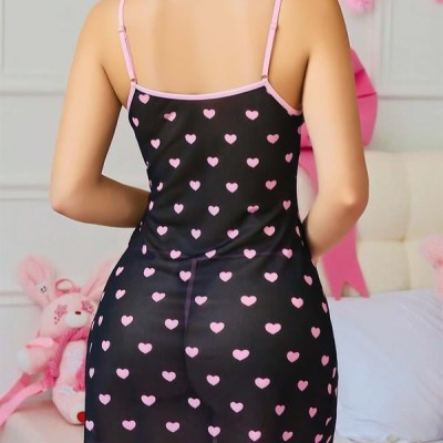 Arias Closet Siyah Kalp Desenli Dantel İşlemeli Fantezi Gecelik