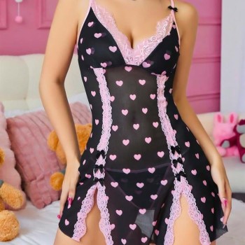 Arias Closet Siyah Kalp Desenli Dantel İşlemeli Fantezi Gecelik