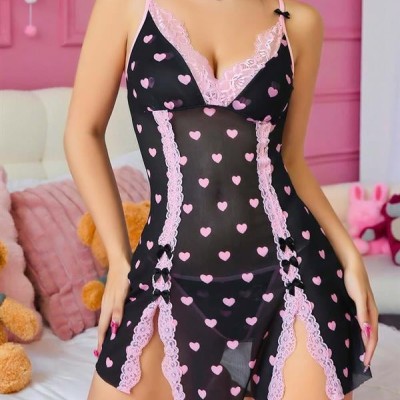 Arias Closet Siyah Kalp Desenli Dantel İşlemeli Fantezi Gecelik