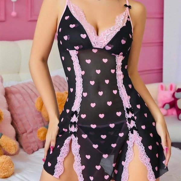 Arias Closet Siyah Kalp Desenli Dantel İşlemeli Fantezi Gecelik