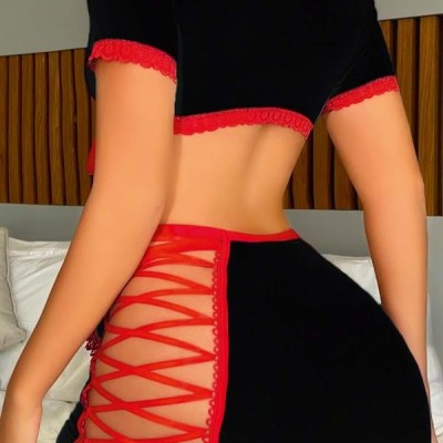 Arias Closet Siyah Kenarları İp Detaylı Fantezi Hemşire Kostüm