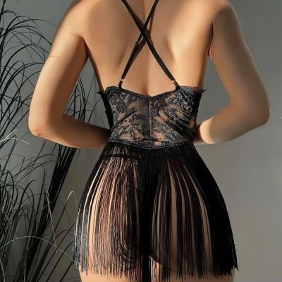 Arias Closet Siyah Püsküllü Dantel Detaylı Fantezi Gecelik