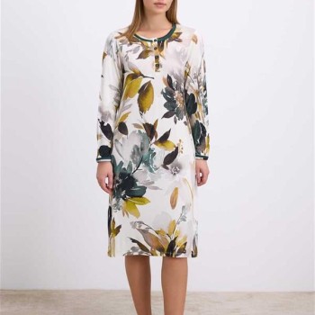 Arias Closet Uzun Kollu Çiçek Desenli Lenzing Viskon, Düğmeli Yaka Detaylı Gecelik