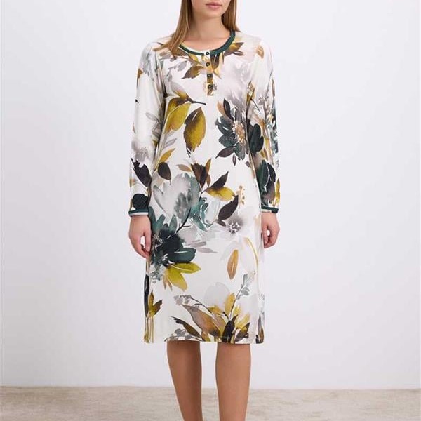 Arias Closet Uzun Kollu Çiçek Desenli Lenzing Viskon, Düğmeli Yaka Detaylı Gecelik