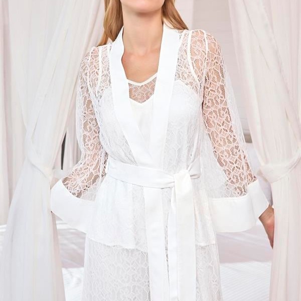 Arias Closet Uzun Kollu Dantelli Ve Kuşaklı Sabahlık