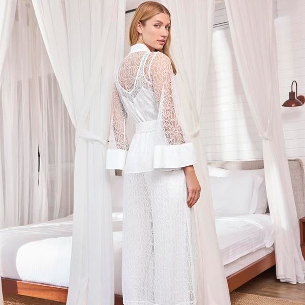 Arias Closet Uzun Kollu Dantelli Ve Kuşaklı Sabahlık