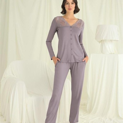 Arias Closet Yakası Kolu Ve Omzu Dantelli Boydan Düğmeli Pijama Takımı