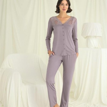 Arias Closet Yakası Kolu Ve Omzu Dantelli Boydan Düğmeli Pijama Takımı