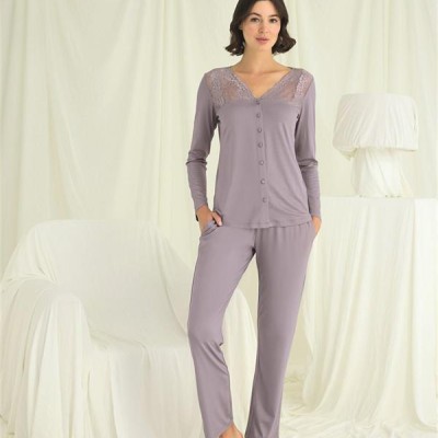 Arias Closet Yakası Kolu Ve Omzu Dantelli Boydan Düğmeli Pijama Takımı