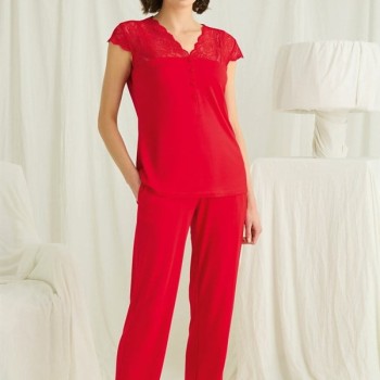 Arias Closet Yakası Kolu Ve Omzu Dantelli Önü Düğmeli Pijama Takımı
