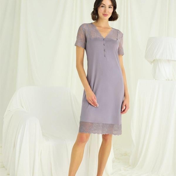 Arias Closet Yakası Kolu Ve Omzu Ve Eteği Dantelli Önü Düğmeli Gecelik