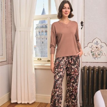Arias Closet Yaprak Desenli Dantelli V Yaka Büyük Beden Pijama Takımı