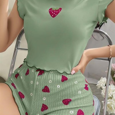Arias Closet Yeşil Çilek Desenli Askılı Şortlu Pijama Takım