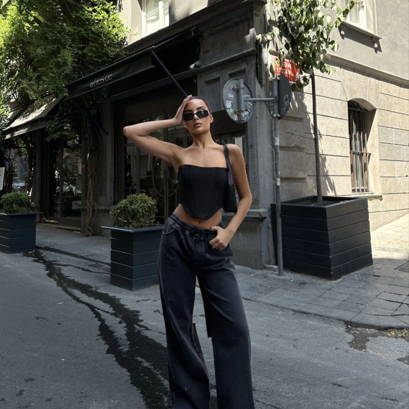 Arkadan Yırtmaçlı Jeans Kot Palazzo Pantolon - Siyah -