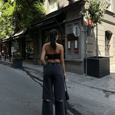 Arkadan Yırtmaçlı Jeans Kot Palazzo Pantolon - Siyah -