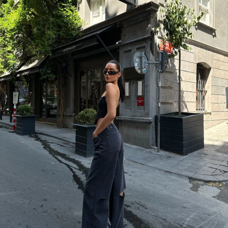 Arkadan Yırtmaçlı Jeans Kot Palazzo Pantolon - Siyah -