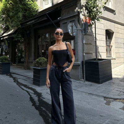 Arkadan Yırtmaçlı Jeans Kot Palazzo Pantolon - Siyah -