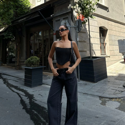 Arkadan Yırtmaçlı Jeans Kot Palazzo Pantolon - Siyah -