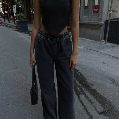 Arkadan Yırtmaçlı Jeans Kot Palazzo Pantolon - Siyah -