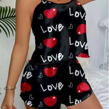 Aşk Temalı Kalp Desenli Siyah Saten Şortlu Gecelik Takım Siyah