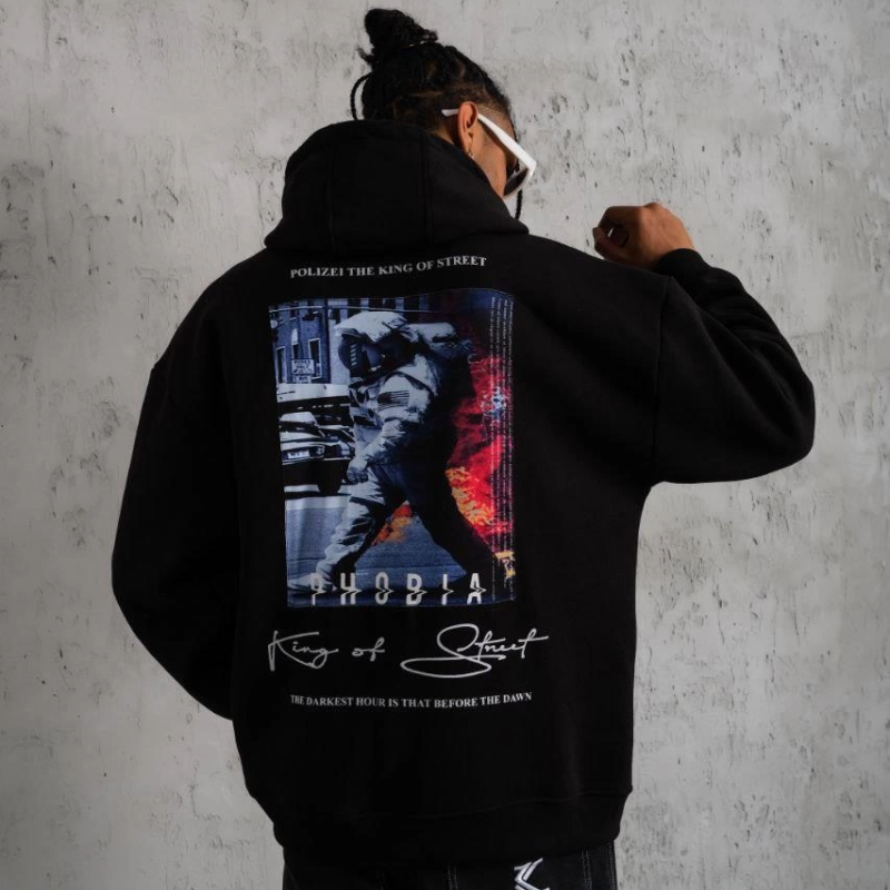 Astronot Baskılı Kapüşonlu Sweat - Siyah -