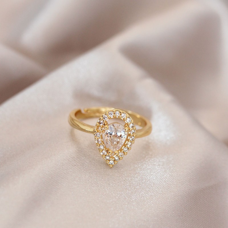 Ayarlamalı Gold Renk Metal Zirkon Taşlı Damla Model Yüzük