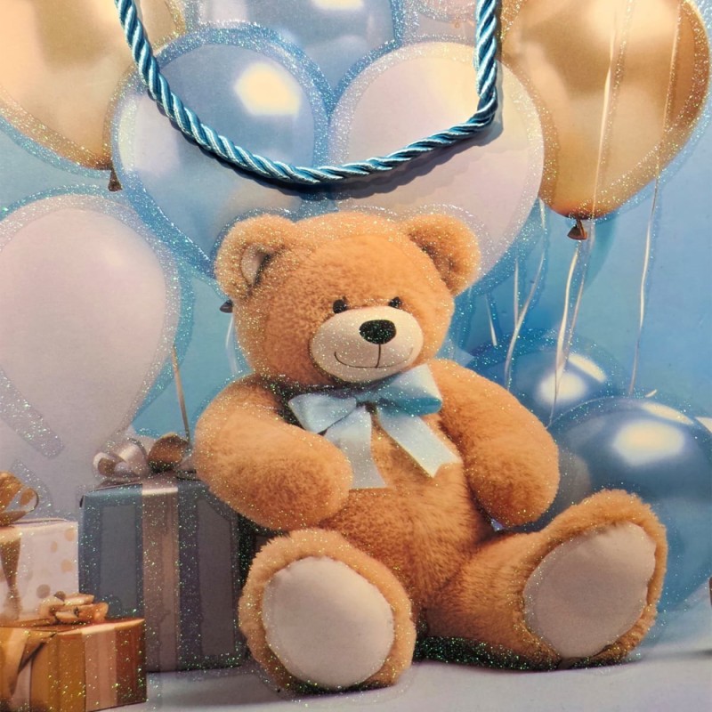 Ayıcık Desenli Mavi Büyük Boy Karton Hediye Çantası