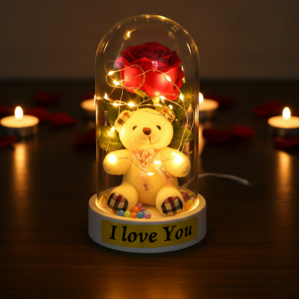 Ayıcıklı Ledli Gül Fanus 