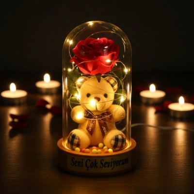 Ayıcıklı Ledli Gül Fanus 