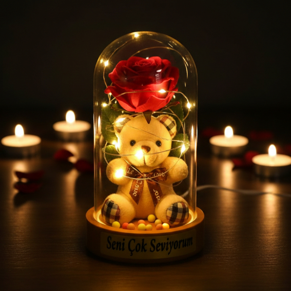 Ayıcıklı Ledli Gül Fanus 