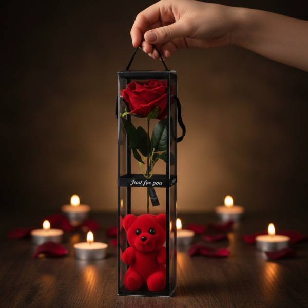 Ayıcıklı Şeffaf Kutulu Tekli Gül 