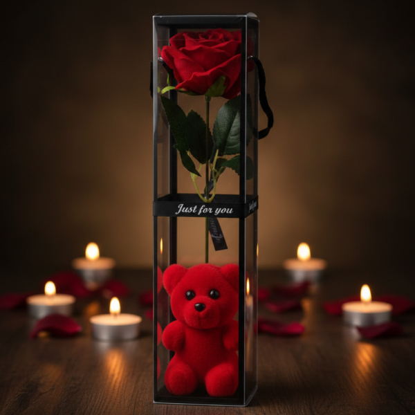 Ayıcıklı Şeffaf Kutulu Tekli Gül 