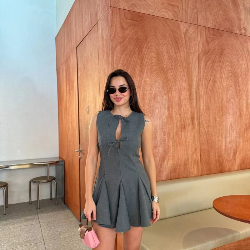 Bağcık detaylı Kolsuz Mini Elbise - Antrasit -