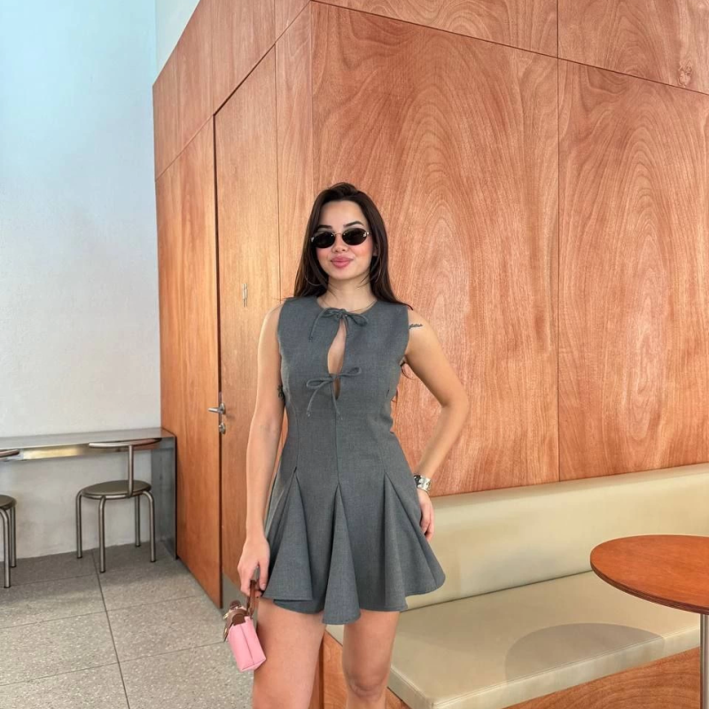 Bağcık detaylı Kolsuz Mini Elbise - Antrasit -