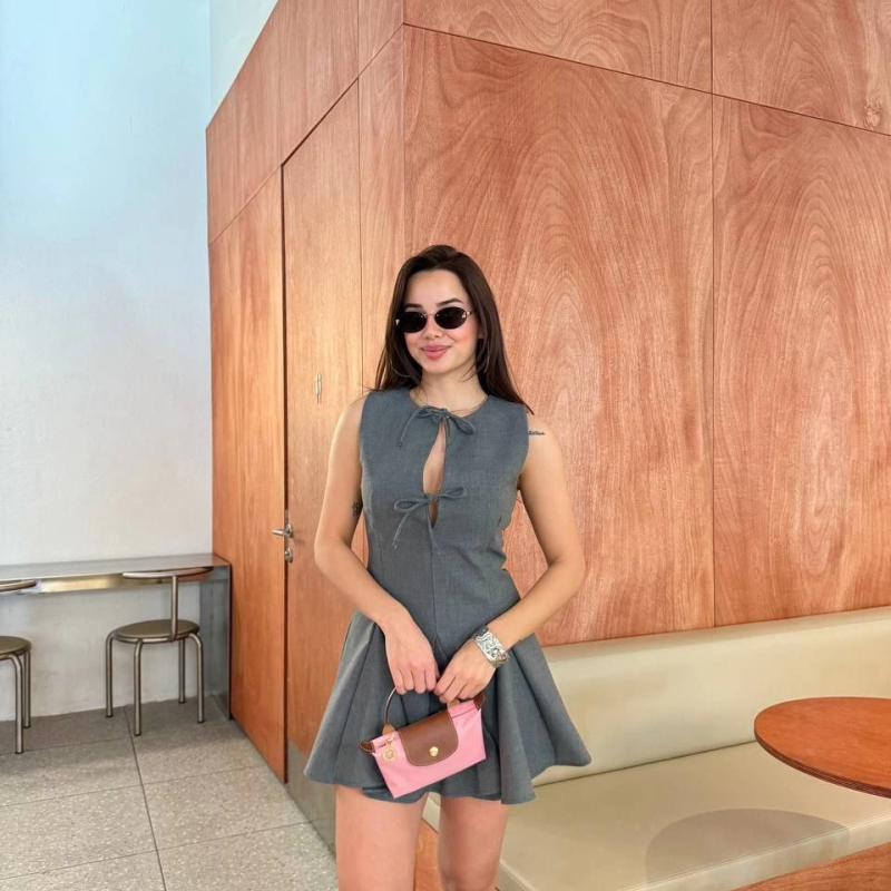 Bağcık detaylı Kolsuz Mini Elbise - Antrasit -