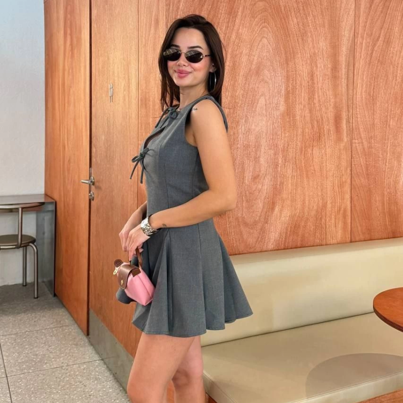 Bağcık detaylı Kolsuz Mini Elbise - Antrasit -