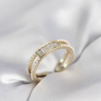 Baget Zirkon Taşlı Gold Renk İncili Kadın Yüzük