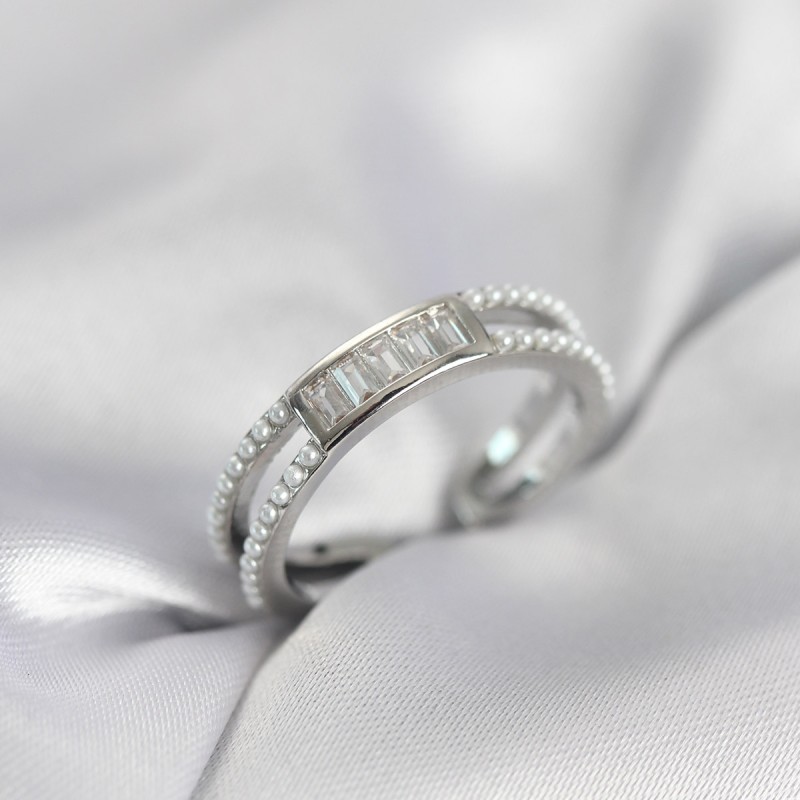 Baget Zirkon Taşlı Gümüş Renk İncili Kadın Yüzük