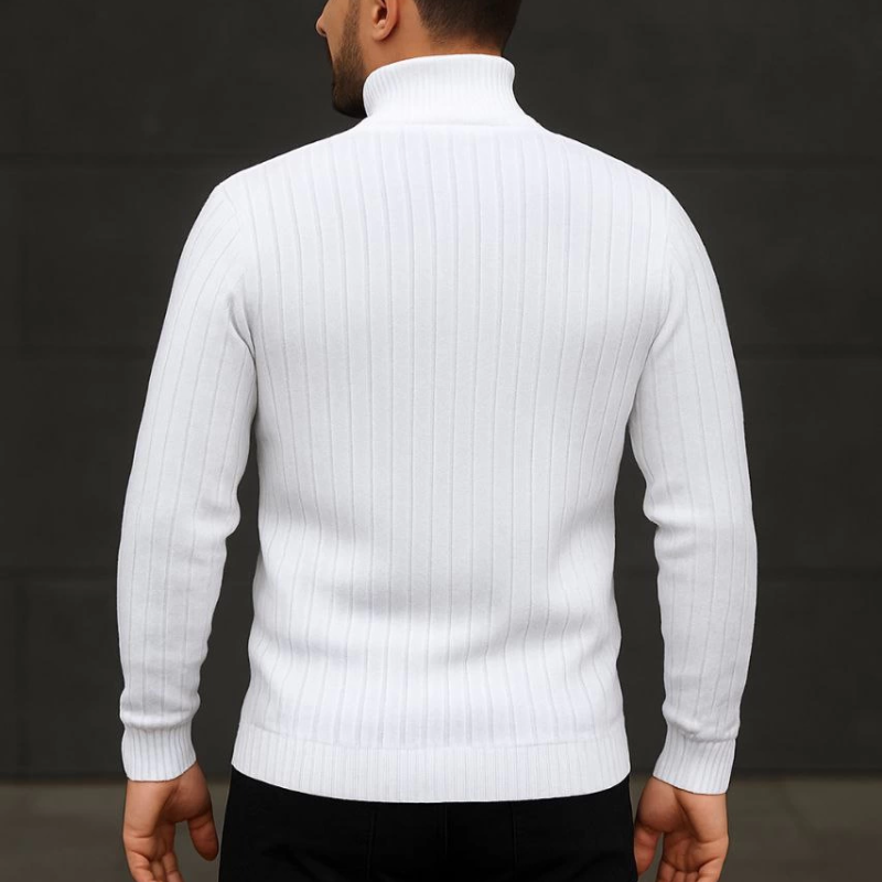 Balıkcı Yaka Bağazlı Triko Kazak Pamuklu- Beyaz