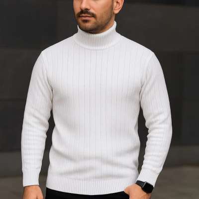 Balıkcı Yaka Bağazlı Triko Kazak Pamuklu- Beyaz