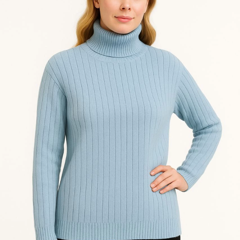 Balıkcı Yaka Bağazlı Triko Kazak Pamuklu Kalın Fitilli Dokuma - Bebek Mavisi