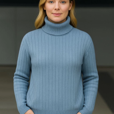 Balıkcı Yaka Bağazlı Triko Kazak Pamuklu Kalın Fitilli Dokuma - Bebek Mavisi